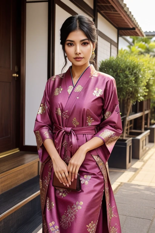 Close up),RAW, Best quality, high resolution, masterpiece: 1.3), Beautiful Malay woman in hijab,perfect fit body, big breast,sthick thighs,big beautiful eyes, Soft smile, beautiful face,muslim woman in a light grren and white outfit standing in a living room, batik, with beautiful exotic, with lovely look, green kimono with flower patterns, hijab, cool red jacket, red kimono, lovely woman ,Great lighting, Bright colors, Clean lines