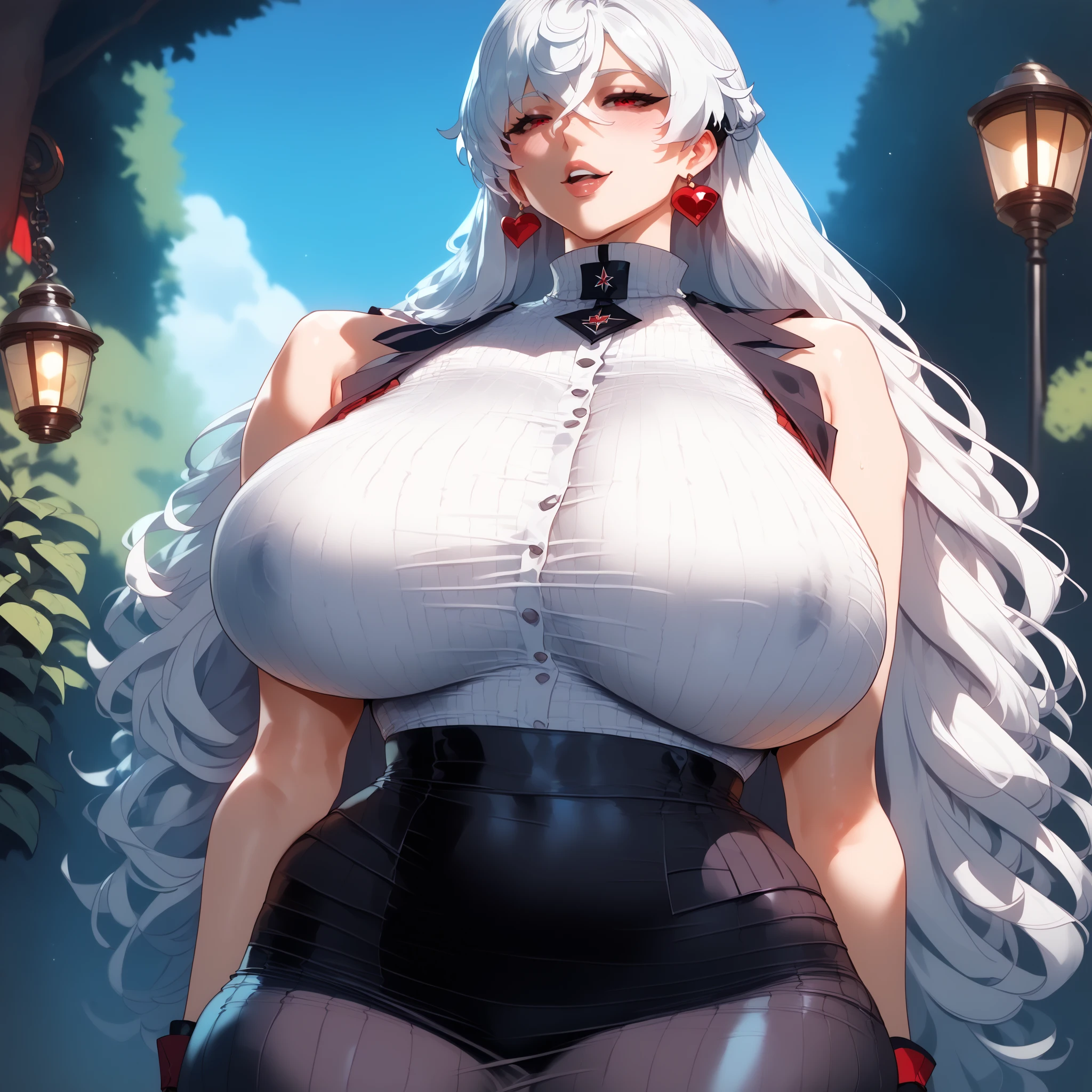 (Best Quality, 8k, 32k,1 Girl, Gigantic Breasts, Thick Thighs, Super Wide Hips, Huge Ass, Perfect Body, Ultra Detailed Face, White Hair, Red and Black Panties, Lace Panties, White Eye Patch.