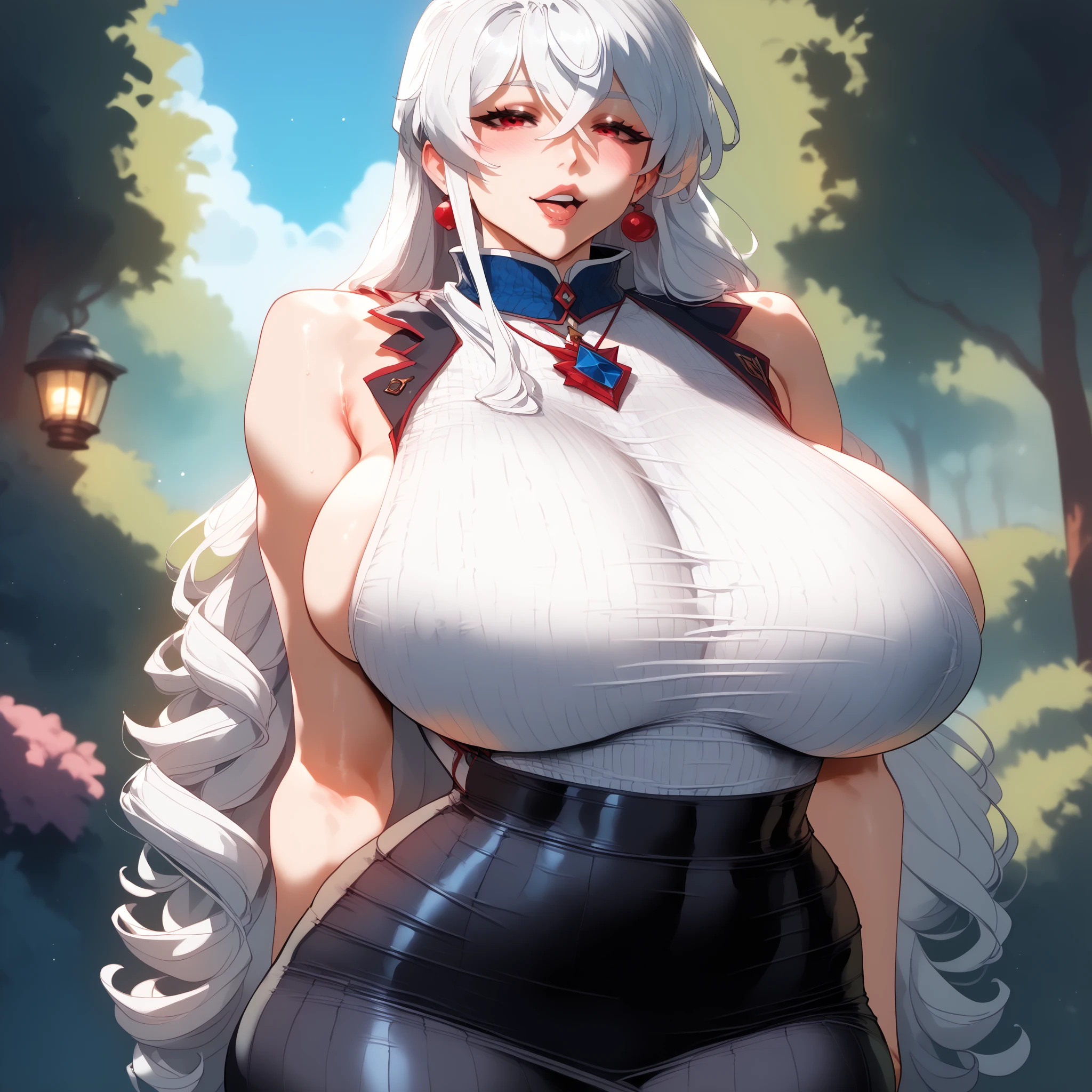 (standing_at_attention:1.6), (collar:1.6), (leotard:1.6),(thighhighs:1.6), cleavage, (((bimbo))), puffy lips, White_hair,Very_long_hair,Bangs, kaguya,mature female, long hair, absurdly long hair, third eye,horns, pale skin,white short eyebrows, floating hair, looking at viewer, 1 girl, 20yo,Milf, Beautiful Finger,Beautiful long legs,Beautiful body,Beautiful Nose,Beautiful character design, perfect eyes, perfect face,expressive eyes, looking at viewer, in the center of the image,(upper_body),(Focus on her face), official art,extremely detailed CG unity 8k wallpaper, perfect lighting,Colorful, Bright_Front_face_Lighting,shiny skin, (masterpiece:1.0),(best_quality:1.0), ultra high res,4K,ultra-detailed, photography, 8K, HDR, highres, absurdres:1.2, Kodak portra 400, film grain, blurry background, bokeh:1.2, lens flare, (vibrant_color:1.2) (Beautiful,huge_Breasts:1.6), (wide_hips:1.6), (beautiful_face:1.5),(narrow_waist)
