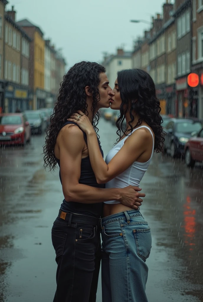 A girl with black short hair a dark red crop top and green shorts and a man with long brown hair dark red shirt and black pants dancing in the rain on a train