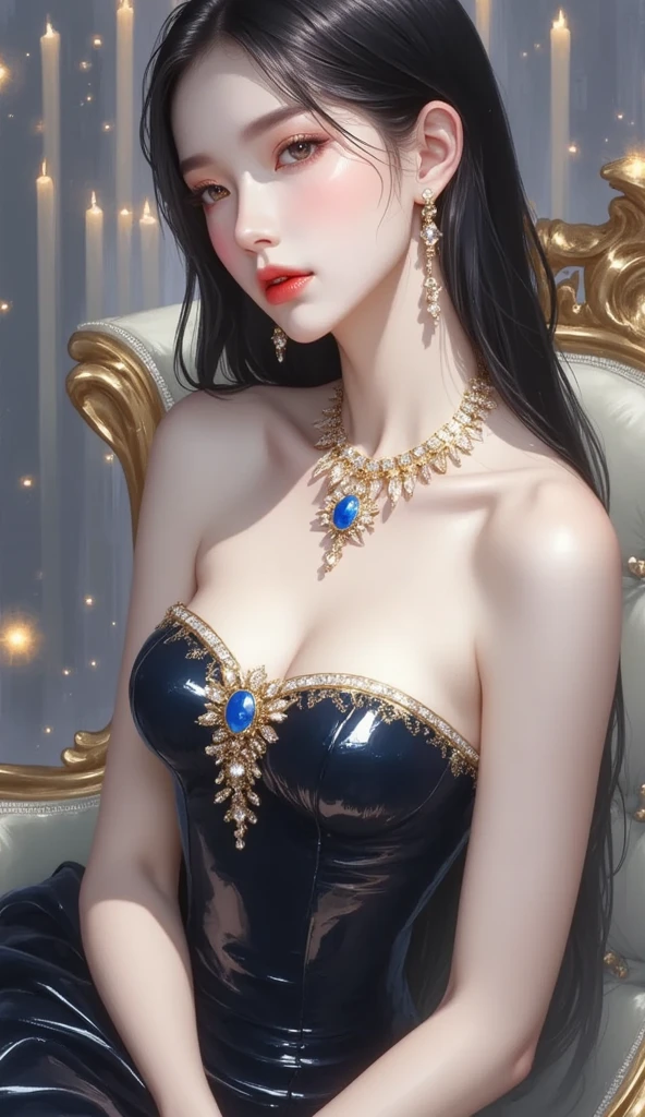 1 beautiful young princess, ((beautiful princess no longer a child:1.8)), ((wearing a black armored dress with gold trim in ancient hanfu style:1.6)), (((Exquisite patterns on the skirt:1.6))), ((braided hair with long black bangs: 1.6)), ((long bangs:1.6)), ((hair jewelry:1.9)), ((upper body gold jewelry:1.9)), ((Very delicate gold necklaces:1.7)), ((earrings with emeralds:0.8)), noble, noble style of an extremely beautiful girl, super cute little face, very pretty face, fur thin eyebrows, flawless beautiful face, ((black eye pupils: 0.8)), very beautiful eyes, ((green eyes eyes: 1.6)), beautiful makeup and detailed hairdo, eyelashes, eye makeup wet, high nose, earrings, red lips, ((closed mouth: 1;5 )) beautiful lips, slim hands, ((arms spread out to the sides: 1.7)), rosy face, clean face, flawless beautiful face, smooth white skin, firm breasts, nice cleavage, ((super big and round breasts: 1.6)), beautiful breasts, perfect body, ((Sit back and puff out your chest, arms behind you:1.6)), 8k photos, super high quality, super realistic, super 10x pixels, optical, bright studio, bright edges, two-tone lighting, (high detail skin:1.2), super 8k, soft lighting , high quality, volumetric light, optical, optical high resolution, light, best photo, 4k, 8k quality, blur effect, smooth sharpness, 10 x pixels, ((beach at night background:1.5)), aurora, lightning, super realistic graphics, most realistic graphics, alone, solo, Extremely sharp, surreal images, (((frontal portrait: 1.3)))."