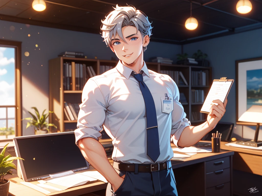 Single, White body, muscle, Standing in front of a glass door, Bow your head, take notes, Serious expression, Frowning (Doctor's attire,, White Mask, Note, Blue pen, White boots, Black pattern: 1.2), Wolf's tail, Wolf Ears, ((Bust)), (indoor: 1.35), incandescent indoor lighting, Hospital corridor, Shadow (particle, Soft lighting, White glow): 1.3, White coat, Anatomically correct, Minimalist Background, comics, Warm colors, Soft lines