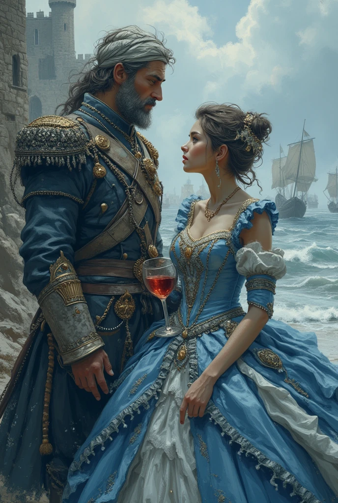 A handsome pirate sits in a tavern and seduces a girl, He has dark hair, he is richly dressed, He's skinny