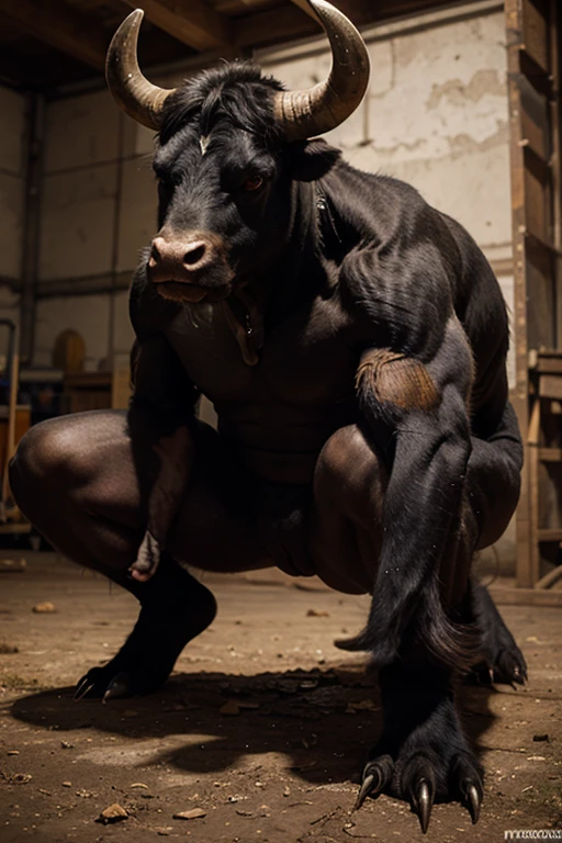 1 furry, a massive mature Afroamericanman minotaur, (very wide dorsal muscles, short hair, masculine, very detailed skin, pecs, human eyes, brown eyes:1.23), huge, male, (photorrealistic rendering, Afroamerican minotaur with massive hooves, detailed humanoid bovine face, big bovine nose, piercings, nose ring, sweaty skin:1.4), solo, (photographic masterpiece, muscular minotaur, hyper muscular:1.6), (very detailed muscles, hyper muscles, focus on face, mpreg:1.58), (hyper equine pussy, minotaur with equine vagina, wrecked pussy, hyper gape, gaping pussy, after sex:1.52), (hyperrealistic Afroamerican man skin, very oversized thighs, bodyhair, hairy armpits, thick lips, Afroamerican genetics, photorrealistic lighting, looking at viewer, waiting for a kiss, in love with viewer:1.46), (outside a barn, cinematic:1.2)