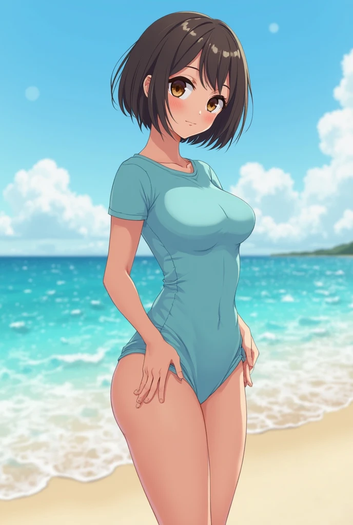 Beautiful young woman，She has a perfect body and beautiful big eyes, Perfect slim and curvy body type, Short wavy hair, head band,  Fun at the beach, Tropical Island, Happy, Smiling Kindly, Open, Perfect face, muted, Atmospheric, Clean Lines, Complex, Very detailed, Actual, 8k、Completely naked、Nipples are visible