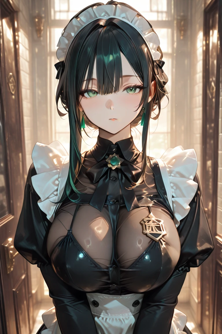 Highest quality, masterpiece, Ultra-high resolution, One Woman,Leather maid outfit,(gigantic breast:1.3),Grass-green hair,Bad look in the eyes,Three white eyes,Golden monocle,Amber Eyes,Ninja,Gauntlet,Choker with bells,
