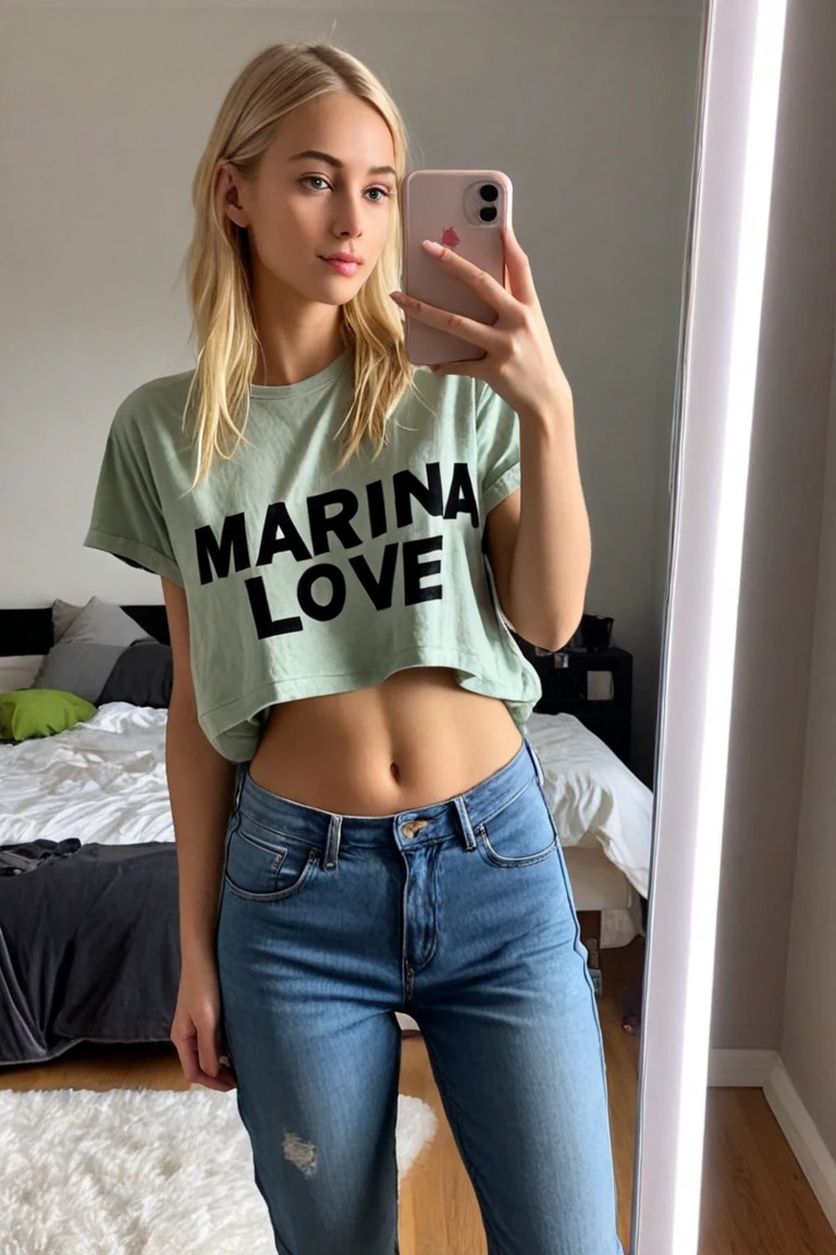 a one woman, americana, age 25, pale skin and freckles, grey-eyed, delicate nose, soft and delicate lips, distant, cabelo blondie distant e ondulado na altura da cintura, Sweet smile, face with delicate feminine facial features, highly rendered