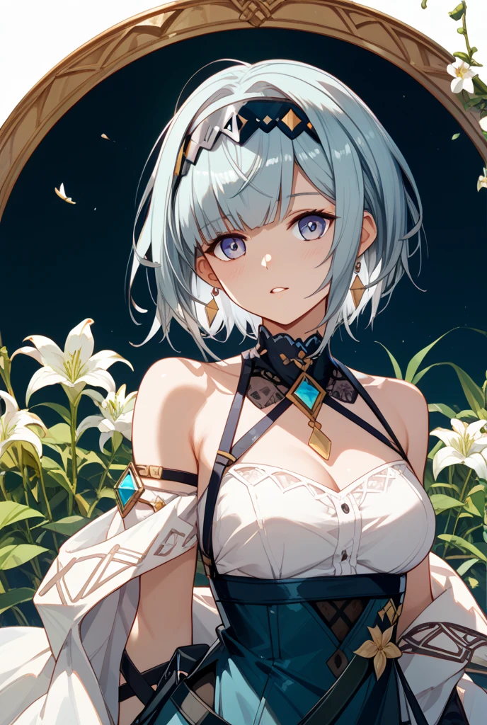 Okappa　Thick eyebrows　silber hair　blue eyess　Gentle expression　teens girl　steampunc　blue flower　Short hair 　small tits　flat chest
