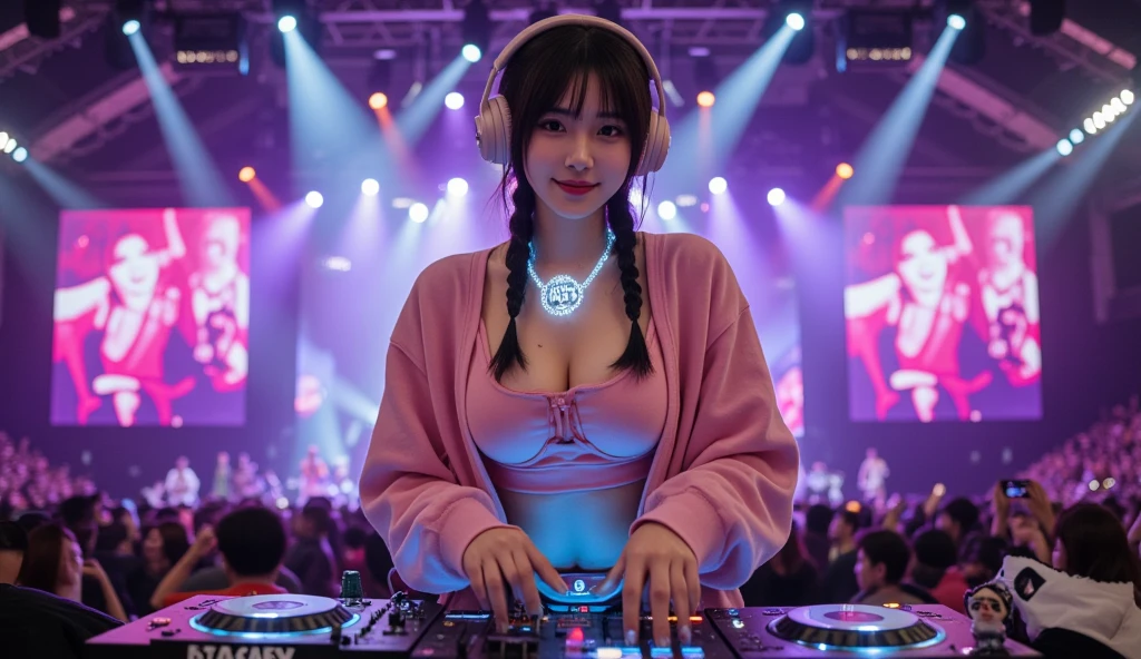 (ultra - detailed, 16K resolution, Cinema lenses, rendering by octane), (high resolution:1.18), intricate detail, (masterpiece:1.1), (highest quality:1.1), (1girl, portrait, white hijab, blue eyes, detailed eyes),Wearing hijab DJ headphones, wearing batik kebaya jawa, wearing muslim cloth, Smile while DJing on stage, full body shot of, The spotlight shines on the female DJ. Photorealistic photography by Disco Lighting, (cute round face:1.3), big breast, perfect fingers, five fingers, beautiful hands, perfect hands. master peace, cute smile.