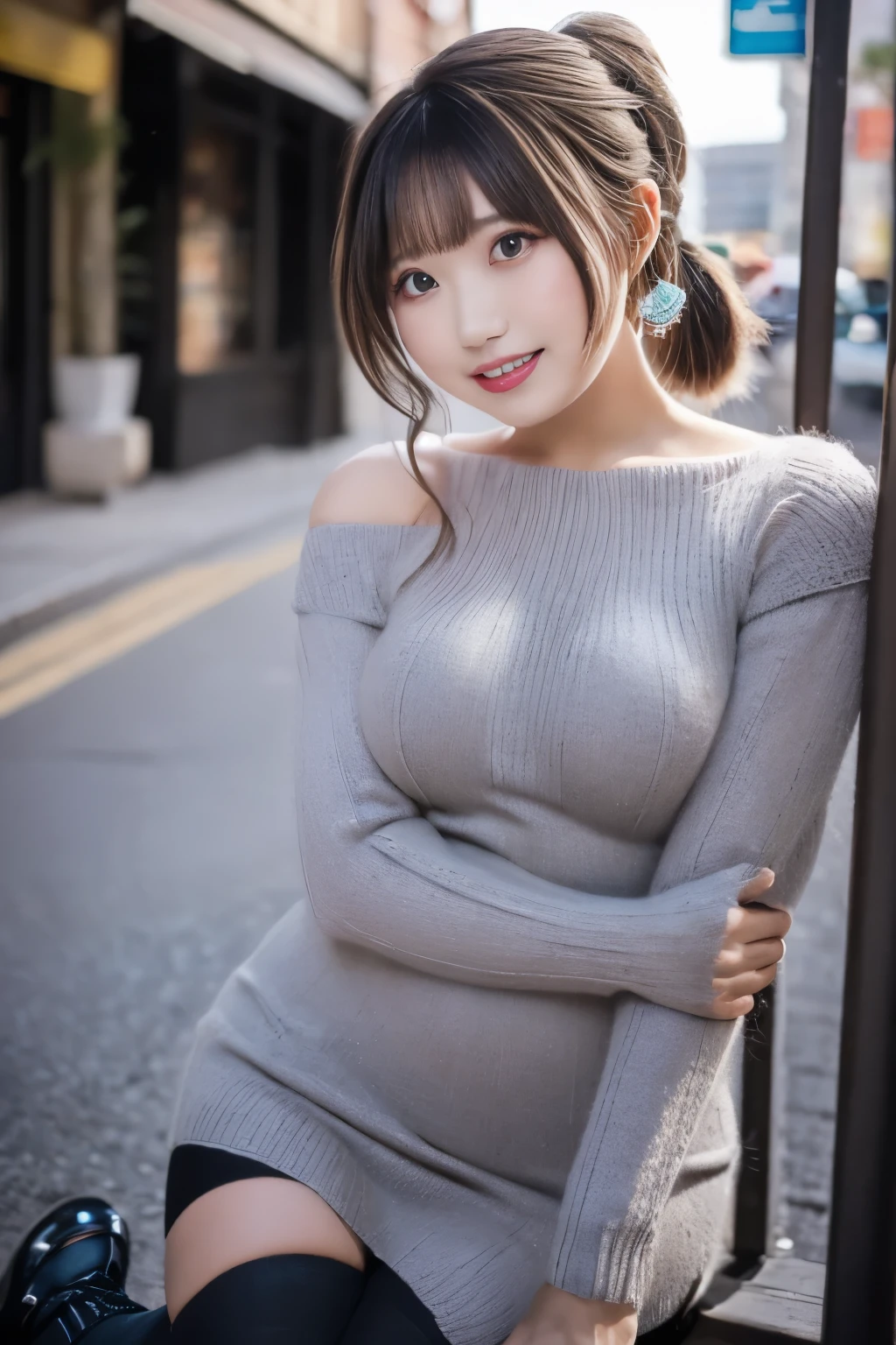 masutepiece, Best Quality, Ultra-detailed, finely detail, hight resolution, 8K Wallpaper, Perfect dynamic composition, Beautiful detailed eyes, (Gray knitwear、Black knee-high tights:1.2)、Knitted dresses、Gray knitwear、Simple scrunchie、Wear、pony tail hair、Natural Color Lip, Bold sexy poses,Smile,In the street、chee、28-year-old girl、Cute、Sexy shot looking at camera、Tempting、Beautiful breasts、well-shaped breasts、Beautiful butt、big breasts thin waist、Smaller buttocks、Small butt、Seduction Pose、Emphasis on slender、beauty legs、Touch your chest with your hands、Seduce with beautiful legs、The thighs are erotic