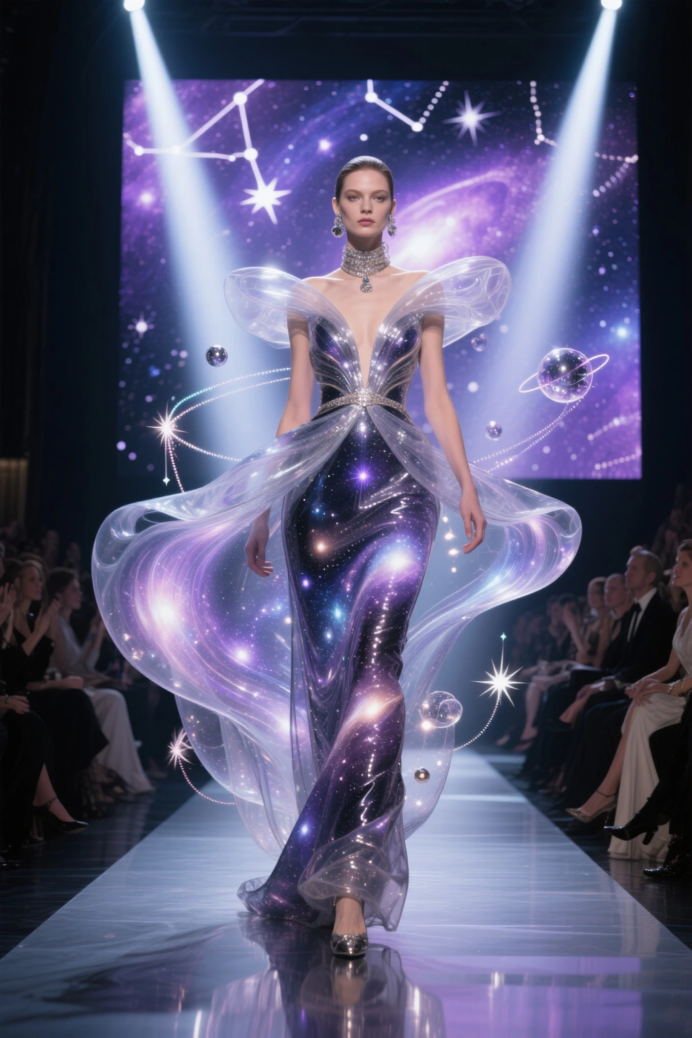 a photorealistic cinematic scene of a female model walking down a futuristic fashion runway in a surreal avant-garde dress,  
the dress appears to defy gravity — parts of the fabric float and twist in midair as if alive,  
its texture is translucent and glowing from within, like a galaxy made of fabric: deep blues, purples, and golds swirling with constellations and cosmic light,  
fragments of the gown orbit around her in slow motion, connected by threads of light,  
the stage is minimal but stylish, with glass floors reflecting the luminous dress, and a shadowy audience watching in awe,  
occasional sparks and glimmers trail from her movements, as though she’s weaving reality with each step,  
the lighting is high-contrast and dramatic, highlighting the unnatural silhouette and impossible motion of the design,  
a sense of elegant alienness pervades the scene — like a visitor from another dimension showcasing art to Earth,  
hyper-detailed photorealistic rendering, surreal haute couture meets science fantasy