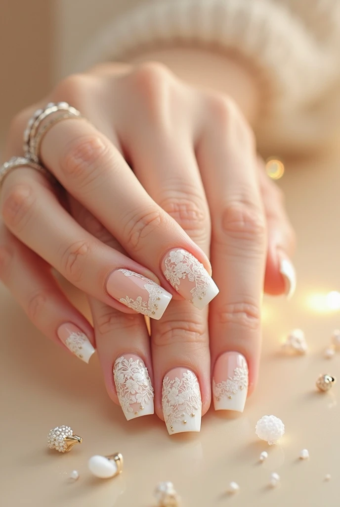 Vintage Lace Nail Art with a Retro Model: The nails feature intricate lace patterns in soft white, with delicate floral motifs and fine details reminiscent of vintage lace. The background model, dressed in a retro, 1950s-inspired outfit with a lace dress, stands on the left, providing the inspiration for the lace design on the nails. The model’s lace attire subtly mirrors the nails, creating a cohesive connection between the two.