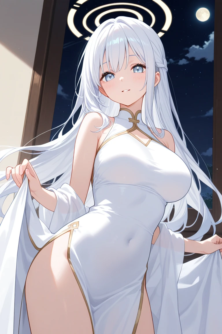 masterpiece、Highest quality、High resolution、High-quality images、8K, 12 year old girl、Skin Radiance、Texture of skin and clothing、Expression of fine eyes、Silver Hair,Long Hair Girl, Manga inspired by Lee Jong-suk, Trending on deviantart, realism, detailed manga style, Manga art style, Perfect Line Drawing, Beautiful line art, digital manga art girl, dress, Beautiful yellow eyes, Fuller lips, Gorgeous face with attention to detail, (Cute Smile), charm, Innocent, Side view, (Perfectly detailed face), (Beautiful Hands) Photorealistic images, Written boundary depth, moonlight、Big Breasts