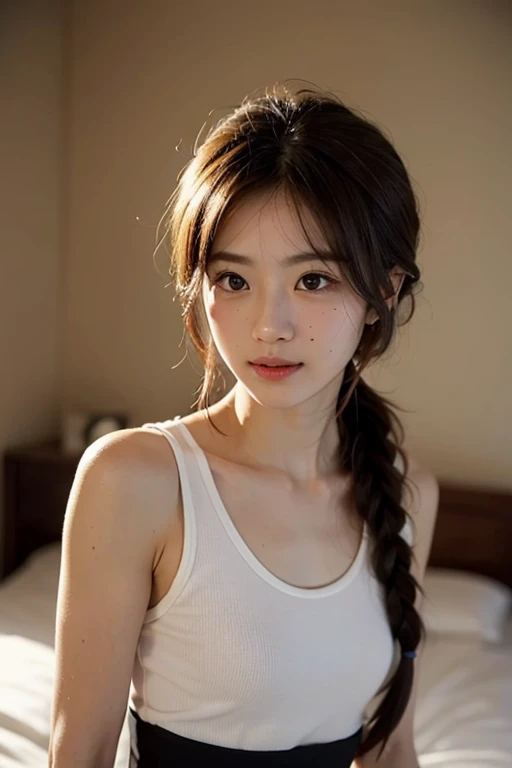 1girl, woman, masterpiece, best quality, highest quality, (volumetric lighting), extremely detailed CG unity 8k wallpaper, focused, 8k wallpaper, extremely detailed, ultra realistic, photorealistic, sharp focus, absurdres, (HDR:1.2), (high contrast), photograph, detailed and intricate, instagram, portrait, highly detailed, digital painting, artstation, concept art, smooth, sharp focus, illustration, natural big breast, medium shoulder, looking at the viewer, knit strap tank top, twintails hair.