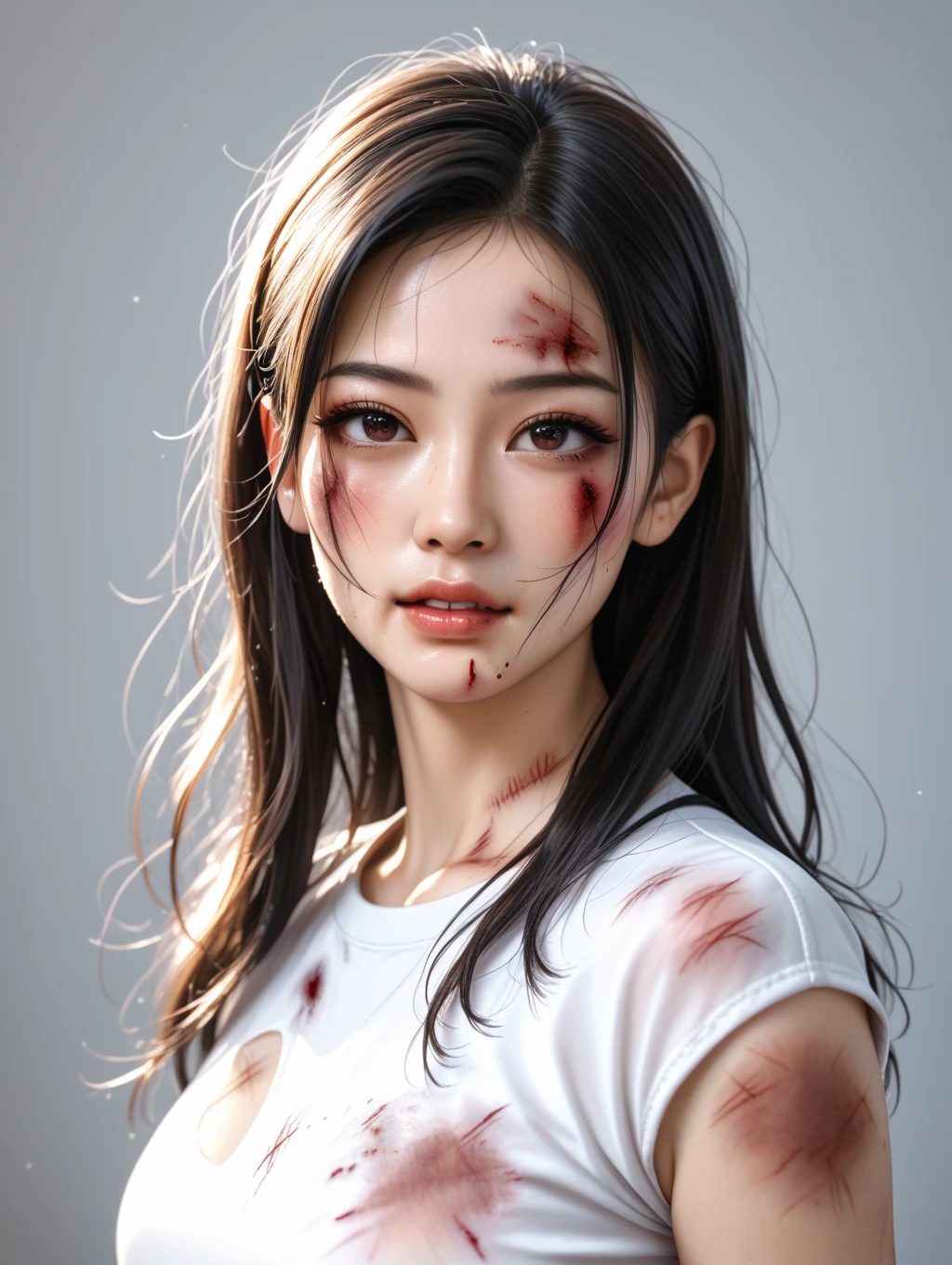 Best quality, masterpiece, ultra high res, (photorealistic:1.4), raw photo, 1girl, off shoulder, cinematic lighting, apocalypse, ruins, war, (dirty face), lowkey, (film grain:1.0), (floating dust particle:1.2), dust, blood stains, sad, long hair