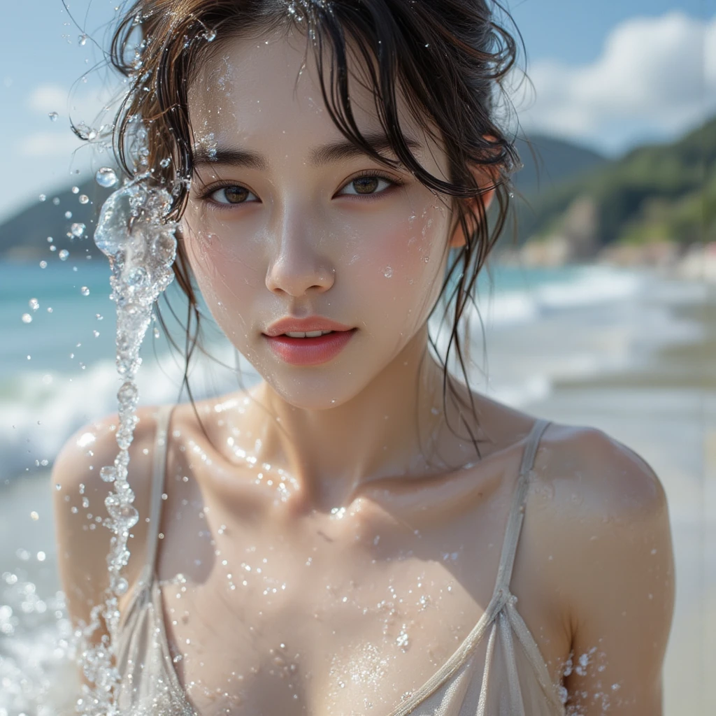 ((Salar de Uyuni)), (MASTERPIECE), (REALISTIC), (SHARP FOCUS:1.3), 1girl, ((UPPER BODY)), (Swimming suit), (shiny skin), (high shadows detail) , is standing, selfee, Lake in shallow water, standing, (ultra delicate face, ultra Beautiful fece, ultra delicate eyes, ultra detailed nose, ultra detailed mouth, ultra detailed facial features)