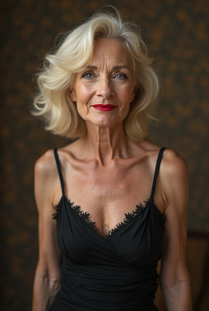 65 year old woman, blond, saggy breasts, (Black evening dress with spaghetti strap),sexy red lipstick, detailded,natural breasts, へそ, libero, (((shoulders))), greeneyes, natural breasts, photo realist,sexy leg tape,wrinkles, Streaks, (((cellulite))), The most real photo possible,-seed 456734