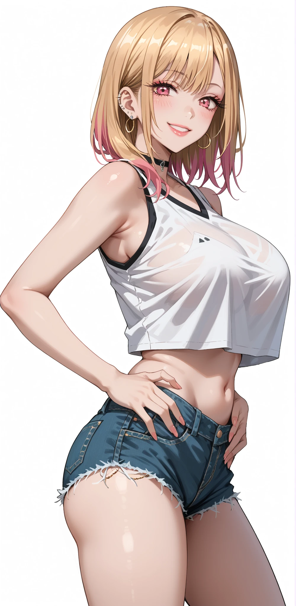 1 girl, green eyes, very Short hair, pink choker, lipstick, Shy, pink hair , tomboy Pixie haircut, femboy hooters, thicc legs,cowboy shot, flat chest, flat chest, ponytail