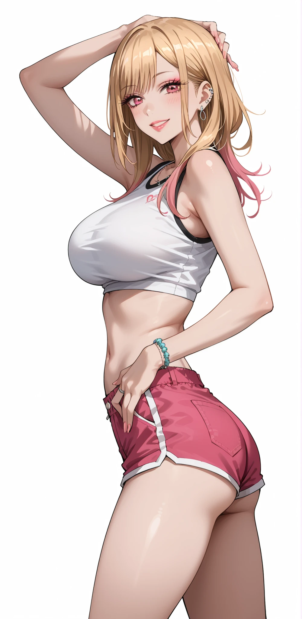 1girl, highres, sharp focus, pixiv masterpiece, (((intricate details)), highly detailed, one eye, detailed eyes, fair skin, reddish pink hair, Stella vermillion,costume: sportswear, leggings, sports bra, joy ride style, ilya kuvshinov,