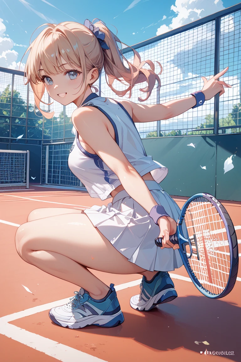 high quality,HD,16k,sharp lines,1 girl,Female tennis athlete ,cute face, large breasts, nice legs,At the tennis venue,focus girl,detailed beautiful face,detailed clothes,beautiful eyes,cool,dynamic angle