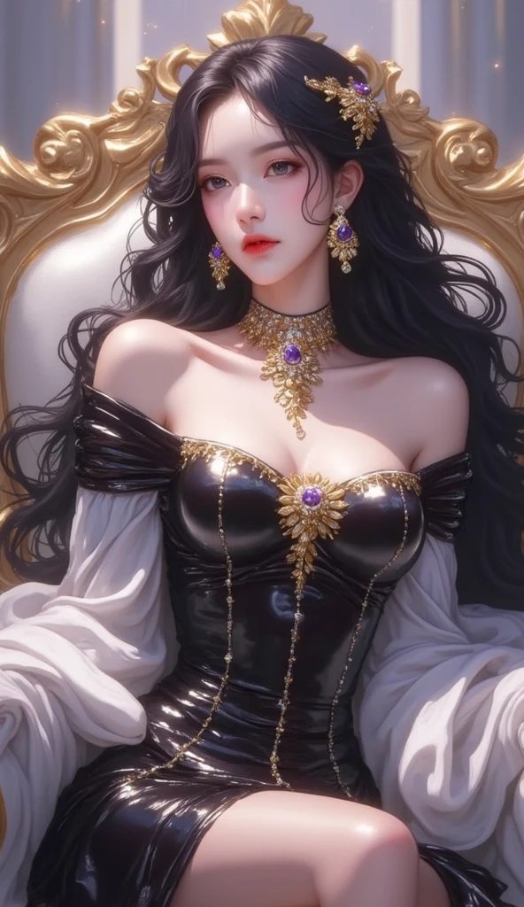 Classic background, Queen of Darkness sitting on a throne, facing the viewer, one hand on the chin, blue eyes, mischievous laughter, bright eyes, black hair, long wavy hair, princess, elegant long red and purple dress, from below, dynamic, wlop, pulpura and scarlet spirit, precious goddess sitting on throne, mist, mystery, epico, fantasy,