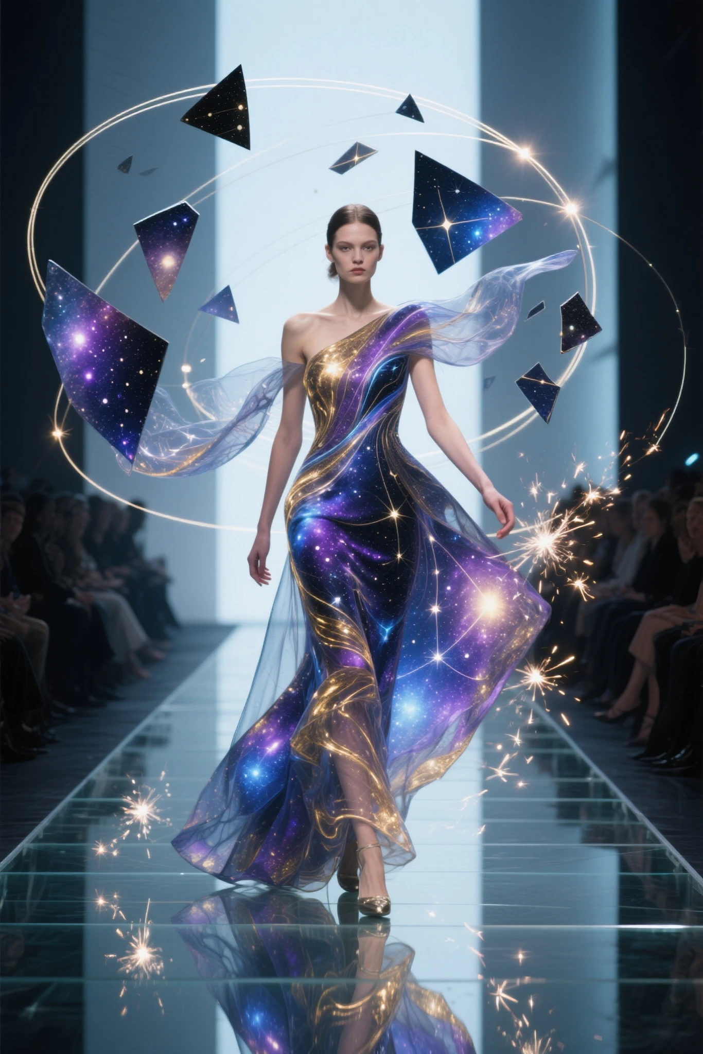 a photorealistic cinematic scene of a female model walking down a futuristic fashion runway in a surreal avant-garde dress,  
the dress appears to defy gravity — parts of the fabric float and twist in midair as if alive,  
its texture is translucent and glowing from within, like a galaxy made of fabric: deep blues, purples, and golds swirling with constellations and cosmic light,  
fragments of the gown orbit around her in slow motion, connected by threads of light,  
the stage is minimal but stylish, with glass floors reflecting the luminous dress, and a shadowy audience watching in awe,  
occasional sparks and glimmers trail from her movements, as though she’s weaving reality with each step,  
the lighting is high-contrast and dramatic, highlighting the unnatural silhouette and impossible motion of the design,  
a sense of elegant alienness pervades the scene — like a visitor from another dimension showcasing art to Earth,  
hyper-detailed photorealistic rendering, surreal haute couture meets science fantasy