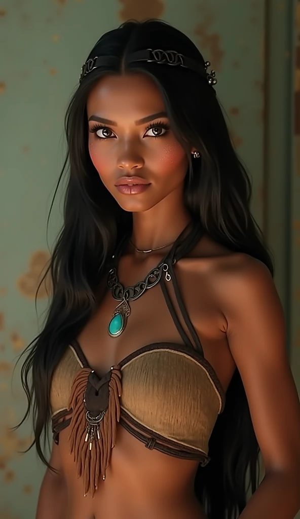 ((Princess pocahontas, from disney pocahontas animated movie series)) ((beautiful face)) (tanned skin) ((very long straight darkhair)) ((very huge breasts)) (perfect slim body) (Large Boobs) (Wide hips) (Big ass) ((wears short one sleeve nitive american brown dress)) ((choker, brazalet)) ((posing sexy inside native american tipis)) (high definition, dynamic lights and shadows) ((masterpiece)) (8k) (perfect face) (best quality) (perfect hands) (Close, barely covering her body.)