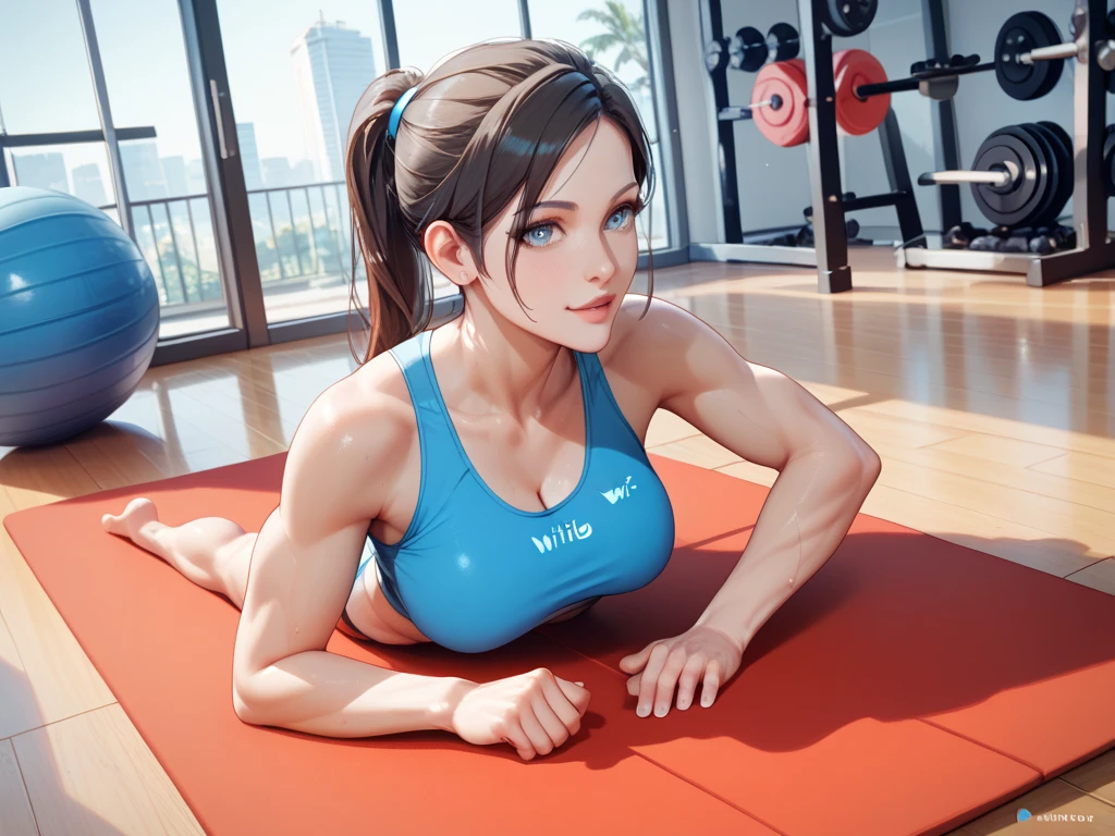 Beautiful innocent 20 year old woman, jill valentine, entrenando, gimnasio, escote muy grande, ojos azules, fondo de gimnasio, cuerpo entero, cuerpo sudado, grandes senos, trasero, (cabello de color rojo), de espalda