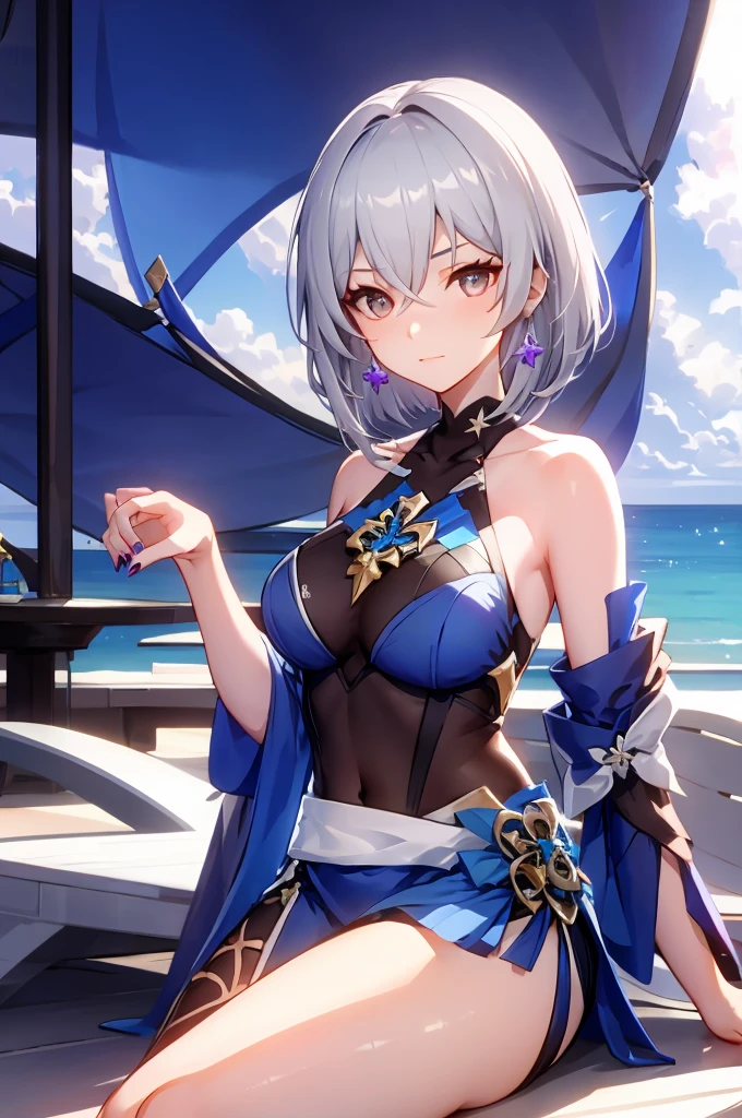 ((masterpiece)),(best quality),official art,extremely detailed CG,unity 8k wallpaper,ultra detailed,A lighthouse on a cliff by the sea,1girl,solo,upper body,(portrait:1.2),looking at viewer,short_hair,blue_hair,bangs,jewelry,green_eyes,asymmetrical_gloves,white_jacket,mismatched_gloves,white_gloves,earrings,multicolored_hair,mole_on_breast,black_hair,black_gloves,smile,cleavage,bracelet,medium_breasts,fingerless_gloves,jacket_on_shoulders,fur-trimmed_jacket,blue_dress,sleeveless,elbow_gloves,<lora:Yelan(gen)>,