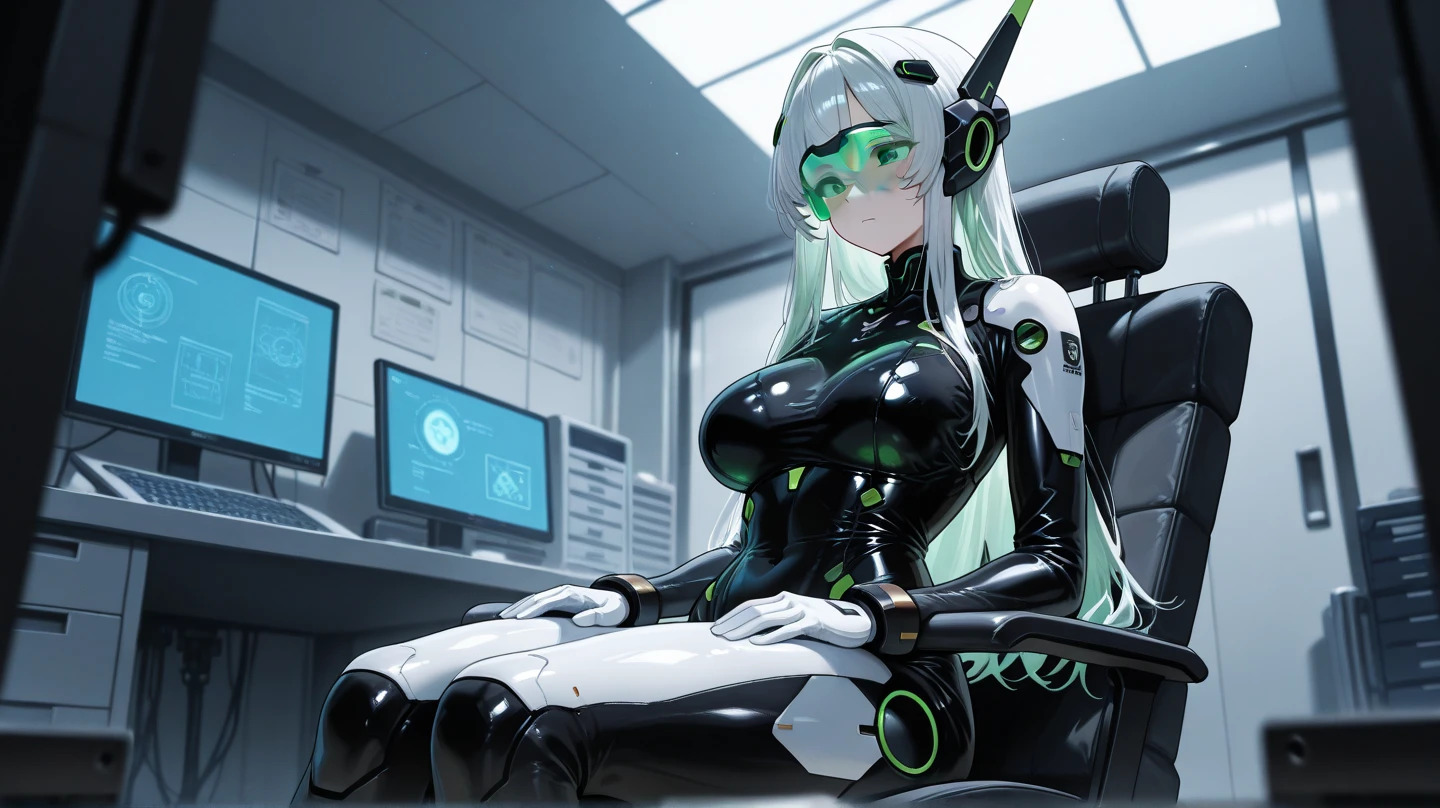 ((masterpiece, Highest quality, Extremely detailed CG, unity 8k wallpaper )),(masterpiece, Highest quality, Highest quality, Official Art, beautiful,aesthetic:1.2)Cyborg Girl, Sitting in a machine chair, The tube is stretched, cyber punk, Cracked skin,Hydraulic cylinder,Servomotor,Manipulator,Colorful light,neon,headphone,Prosthetic arm,sf