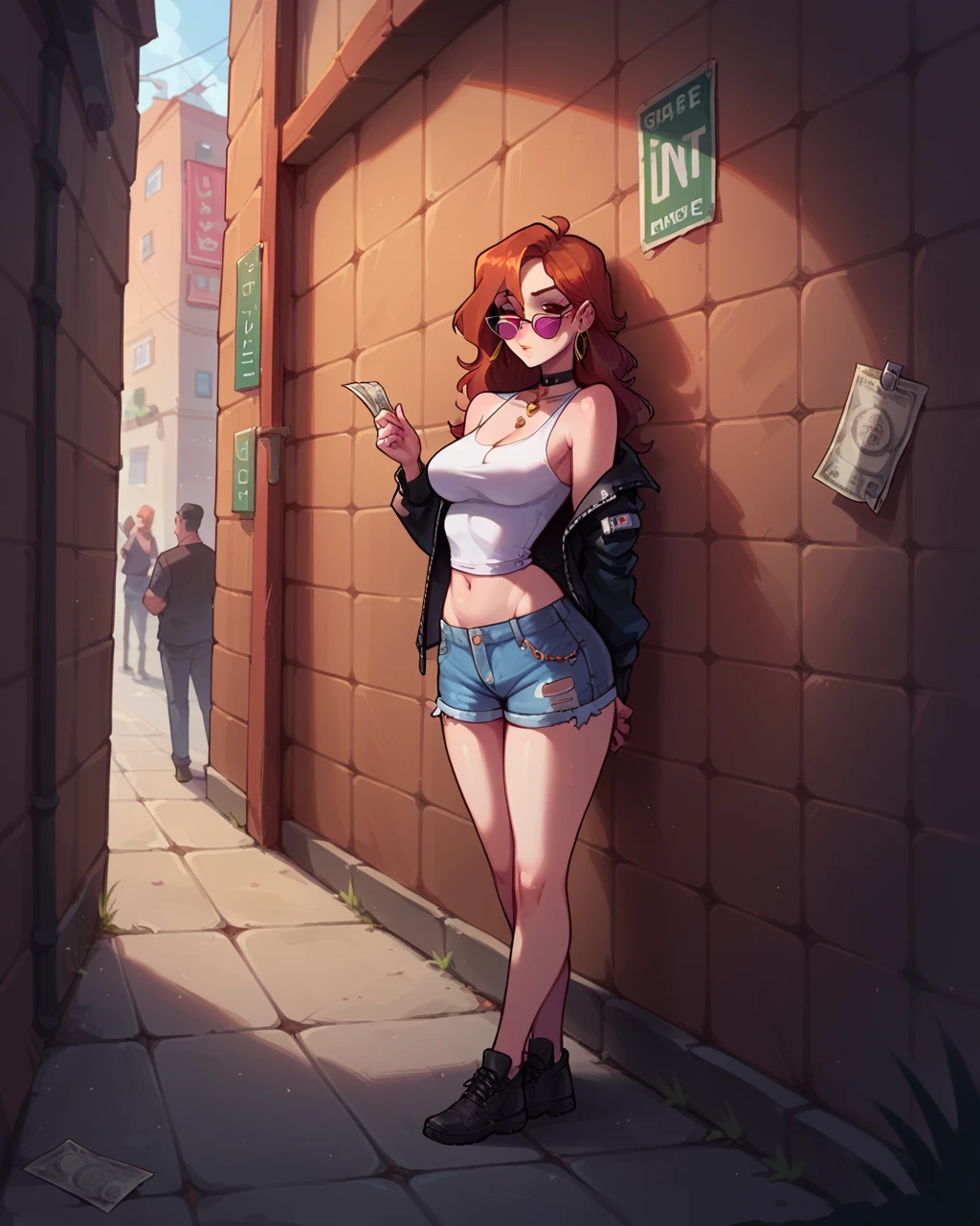 ((sexy girl ,young)) ,nsfw, glamorous, slender, may, street hooker clothes, moistened eyes,blush, prostitute, slutty, (makeup), eyeshadow, ass, bandana, big ass, thong, tattoo, piercings, tattoo on breast, (tattoo on tits), tattoo on thigh, neon lights, billboard, redlight district, nightime, thong, spiderweb tattoo, derogatory bodywriting, shorts, hotpants, 1 cigarette, smartphone, pregnancy test, annoyed,