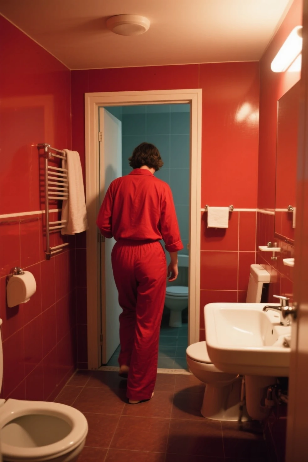 a young white girl peeking from behind shower curtain, group of young adult boy scouts running by in towels, communal camp shower, concrete floor, rustic, hyper detailed, cinematic lighting, intricate details, photorealistic, 8k, vibrant colors, dramatic shadows, warm tones
