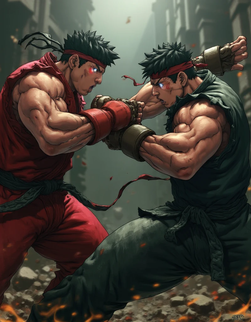 street fighter6、Two men are fighting、Rocket Punch、Punch your cheeks、Clean hit ,High Quality,real,フォトreal,Shiny Texture,High detail,4K ultra high resolution,professional with a little bit of gills,Vivid Colors,Bokeh,dark atmosphere,powerful lighting,Destructive,fear,dynamic,intense,Powerful Composition,portrait
