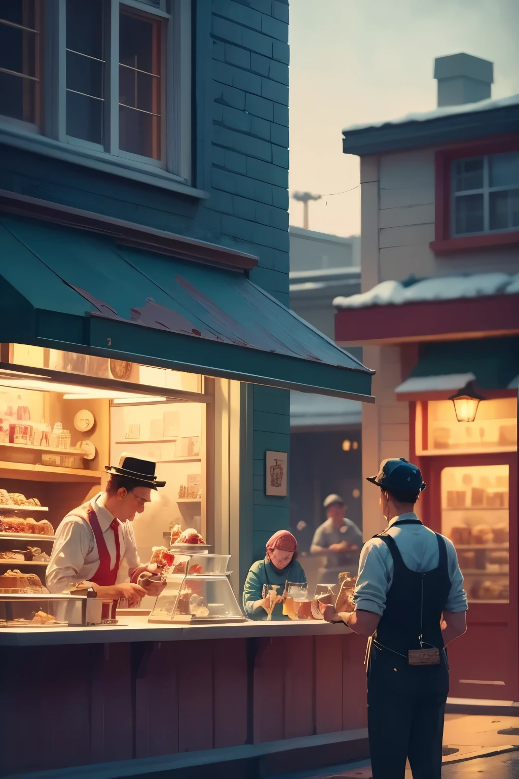 Inspired by Edward Hopper's 'Nighthawks,' this scene depicts an ice cream parlor immersed in the nocturnal quiet of a deserted city. Behind a large glass window, the shop emanates a warm and welcoming light, in stark contrast to the dark and streets outside. The long counter recalls the diner in the original painting, but instead of coffee and sandwiches, here they serve scoops of ice cream in unreal colors and impossible flavors. The customers, absorbed in their thoughts, enjoy cones that evoke childhood memories—summer adventures, forgotten flavors, the sweetness of a time gone by. The ice cream man, silent and precise in his gestures, contributes to the suspended, almost cinematic atmosphere, making this place a magical refuge in the night