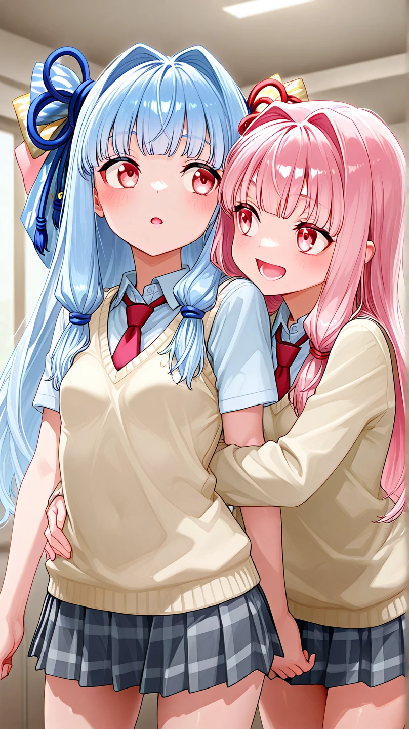 2girls,girl1:adolable,A pink-haired,Long whit hair,white stockings,robe blanche,Girl 2:adolable,A pink-haired,Long whit hair,white stockings,robe blanche。Kisses and hugs