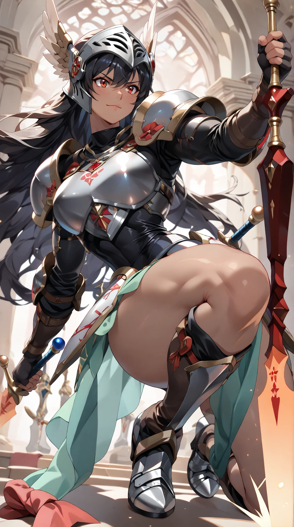 Japanese anime style. Coquettish woman. middle ages. Europe. black armor. mini skirt. Large sword. Whole body. Stand and spread your legs. from below. --auto --s2