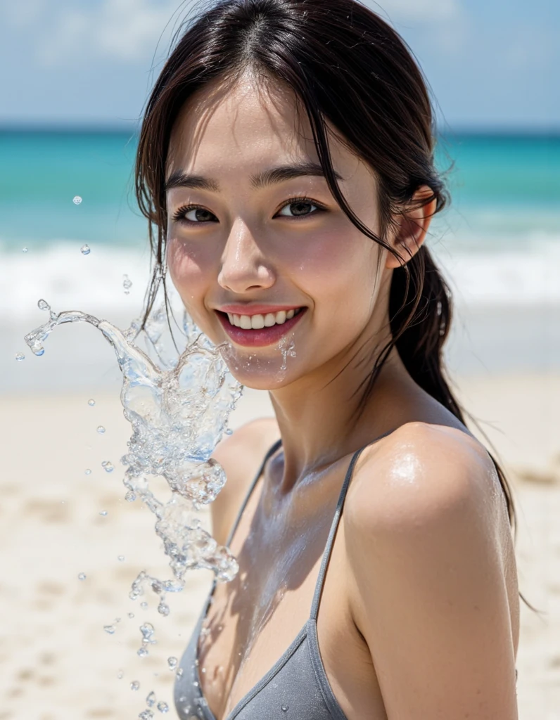 High-speed photography shows Tiffany Young , side bun hair in , naked , wet , standing knee life giggle mirthfuly on the balos beach in a heavy rain , the colorful rainbow in the blue sky , she's bright blue eyes full of joy and blush , HD 