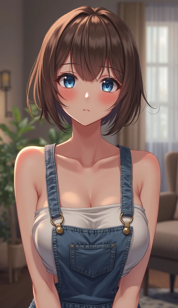 masterpiece, supreme quality, high resolution, 1 very cute girl, (brown super short hair), (big green eyes), beautiful breasts, cleavage, nude, black choker, black knee stockings, (sensual:1.3), (nsfw:1.1)