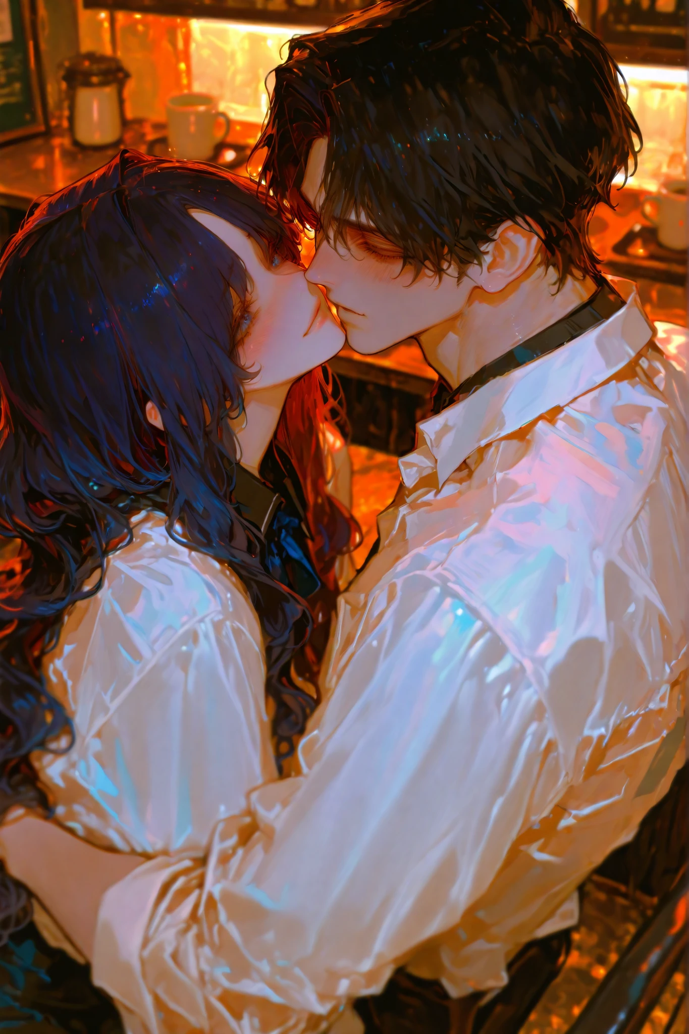 1male and 1female romantic couple. The female is a 30-years-old full black hair styled in ((long hair and wavy hair)) and (((curtained bangs))). Her eyes are beautiful a mix of cyan blue gradation, she looks Giddy and desired face with blush, she want the Financier on display,
The male is 30-years-old ((very very handsome)) and 190cm tall, with unkempt and curly black hair, long parted bangs, and short hair at the back. He has a slightly muscular build, he wear black collared shirt and pants,background is cafe, they Their faces are highly detailed and expressive, capturing the emotions of the moment.
Additional details: very detailed, 8k, ultra HD, cinematic lighting, depth of field, realism-style rendering, vibrant colors, dynamic composition.