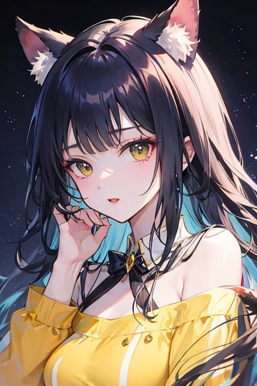 A dark-haired、Glitter Idol、high-level image quality、Long hair in two buns, parting bangs、Green eyes、Dynamic movement、school classrooms、Vibrant colors、Bust-up shot, Delicate drawing、