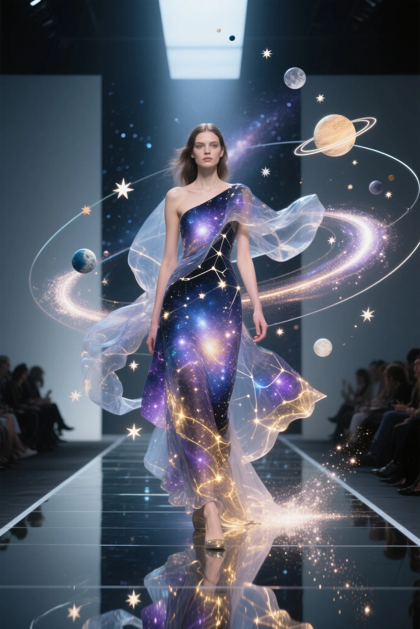 a photorealistic cinematic scene of a female model walking down a futuristic fashion runway in a surreal avant-garde dress,  
the dress appears to defy gravity — parts of the fabric float and twist in midair as if alive,  
its texture is translucent and glowing from within, like a galaxy made of fabric: deep blues, purples, and golds swirling with constellations and cosmic light,  
fragments of the gown orbit around her in slow motion, connected by threads of light,  
the stage is minimal but stylish, with glass floors reflecting the luminous dress, and a shadowy audience watching in awe,  
occasional sparks and glimmers trail from her movements, as though she’s weaving reality with each step,  
the lighting is high-contrast and dramatic, highlighting the unnatural silhouette and impossible motion of the design,  
a sense of elegant alienness pervades the scene — like a visitor from another dimension showcasing art to Earth,  
hyper-detailed photorealistic rendering, surreal haute couture meets science fantasy