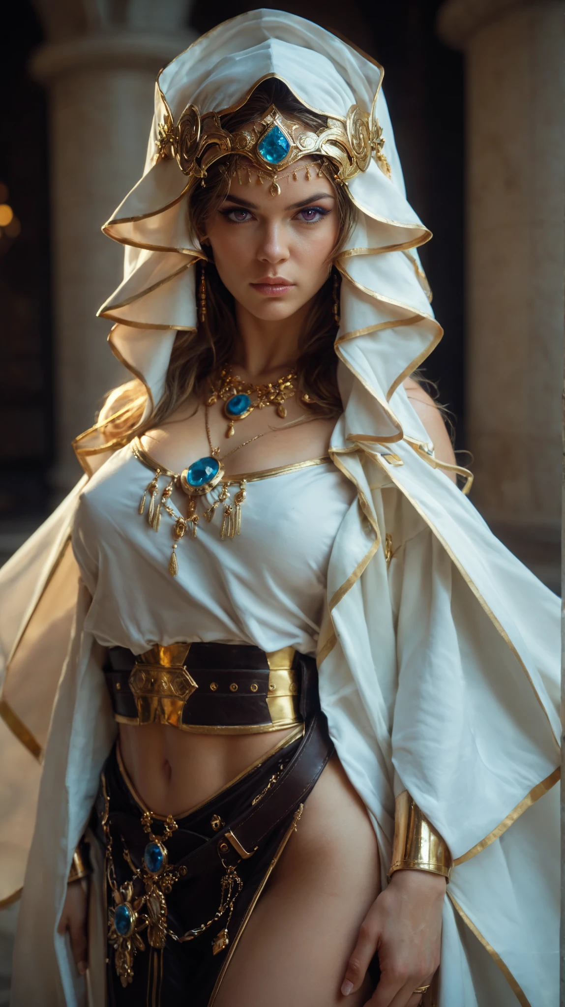 best quality, ultra-high resolution, 4K detailed CG, master piece, beautiful warior woman, light-brown-skin, orange-haired, bland clothes,white veil, native American clothes, Greek mythology, dark tones, aesthetic, Centered screen, full body