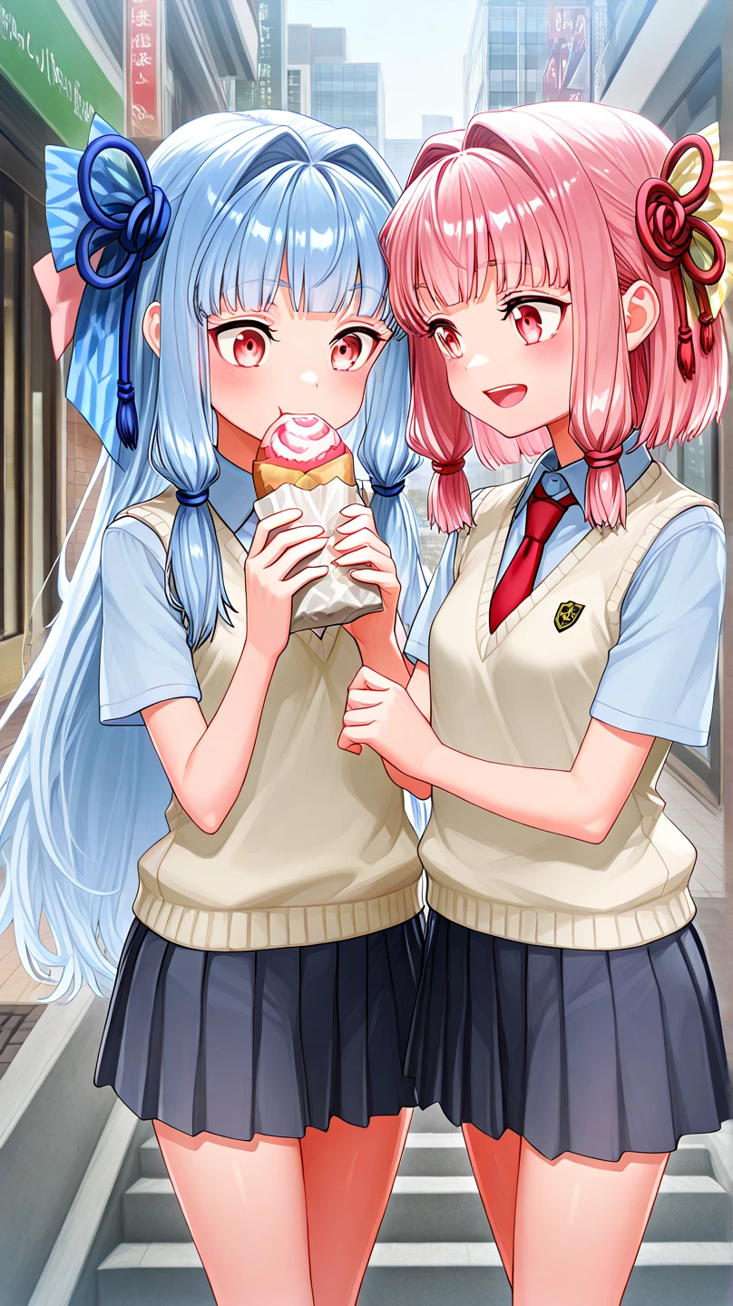 masterpiece, top-quality, Pop illustrations, Pop colors, Pastel tones, PastelColors, flats, 2 high school girls, Chibi, After school,Eat while walking, Triple Scoop Ice Cream, Sounds like fun, finely detailed background