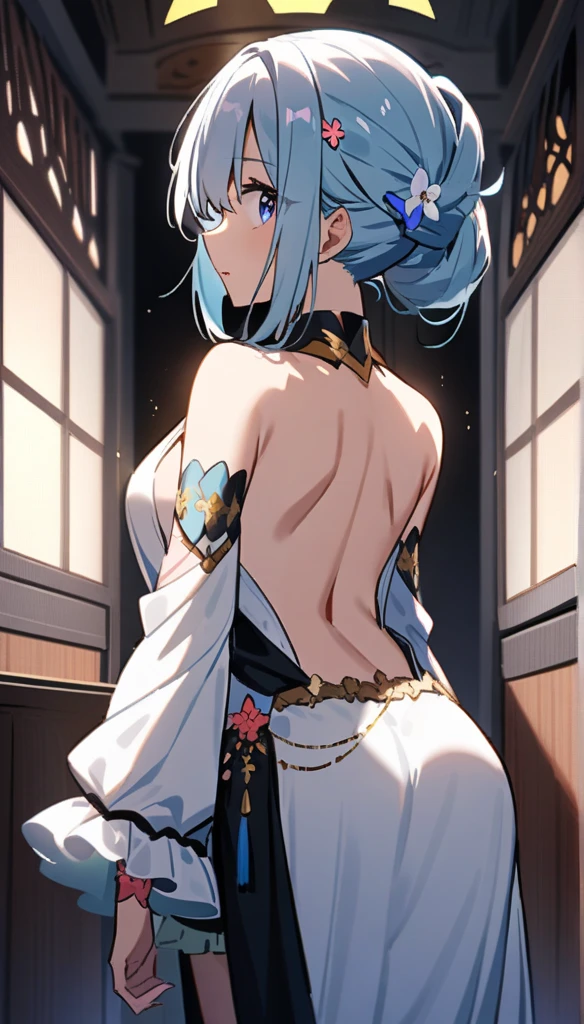 ((masterpiece)), (best quality), (ultra-detailed), photorealistic, (best illustration), ((an extremely delicate and beautiful)), 1girl, solo, long hair, tiger ears, [:tiger tail under:0.2], white hair, two-tone hair, no clothes, nude, (tail covering pussy:1), naked, cross-laced, standing, closed eyes, smile, big breasts, after bath, detailed scenery, in bathroom, low twin braids, twin braids, hair ornament, bracelet, (covering chest:0.9), blush, embarrased, angry. 