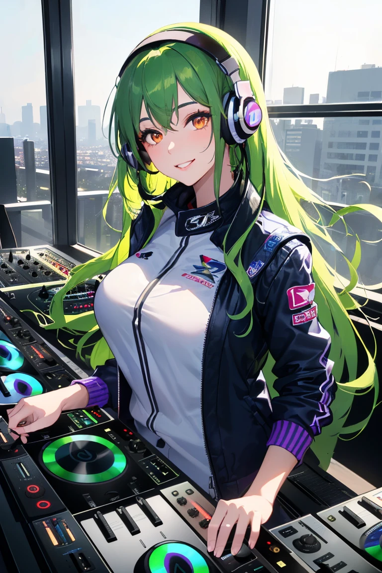 DJ,DJ Booth,DJ equipment,live,ponytail,1 person,club house,Turntable,Mirror ball,smile,headphone,high school girl,Green Hair,No sleeve,Black Pantyhose,highest quality,High resolution,Droopy eyes,Green Eyes,uniform,Straight bangs,Black and green outfit,Big Breasts,Open your mouth a little,Near future,smile,mini skirt,sit