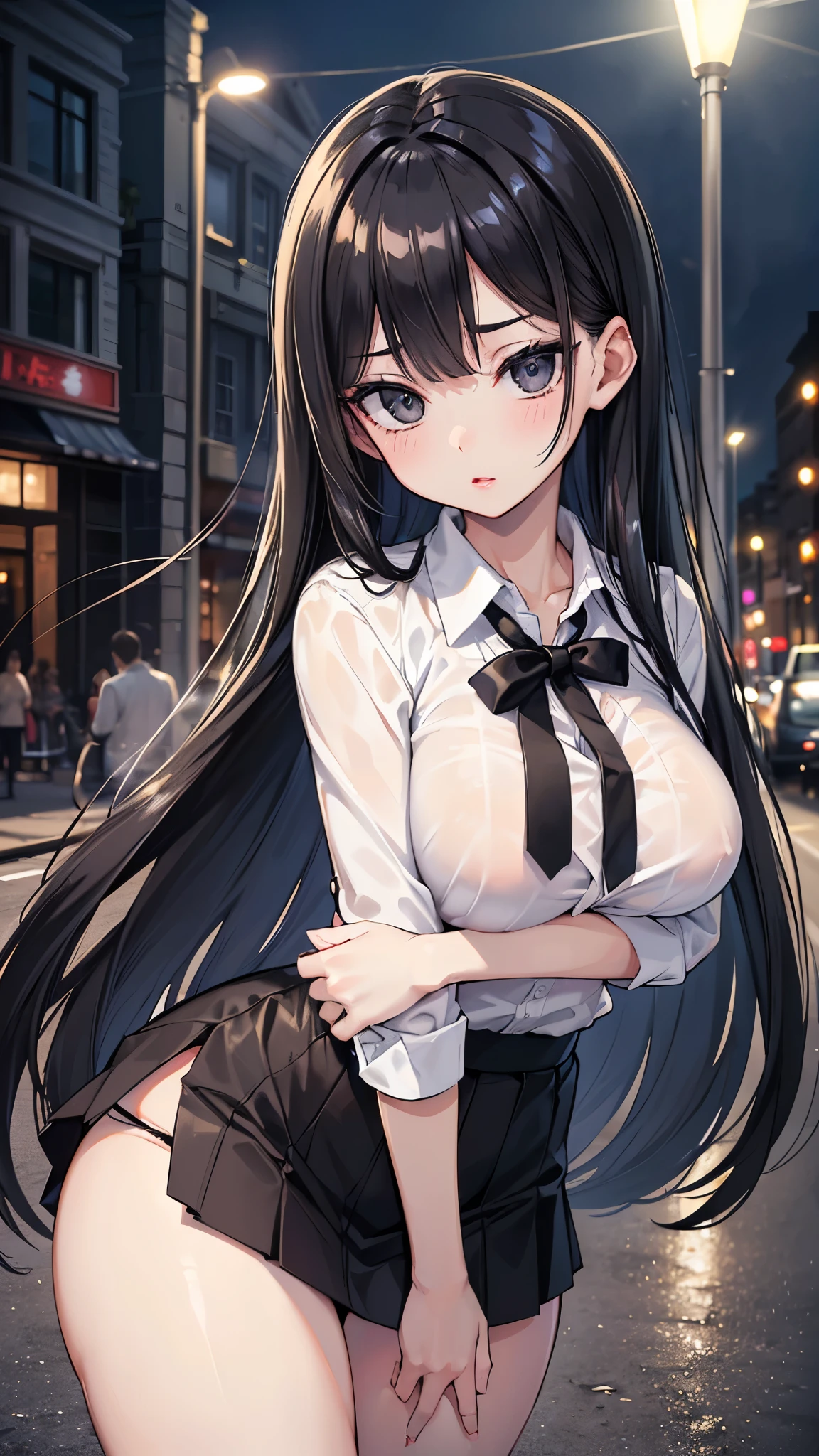 (masterpiece、Highest quality、Very detailed))、One girl、Black Hair、Long Hair、Straight bangs、Grey Eyes、evil smile、((Grin))、((lots of piercings))、((Small breasts))、((cardigan))、((Black pleated skirt))、((micro kirt lift:1.5))、((white panties))、Cowboy Shot、City Background