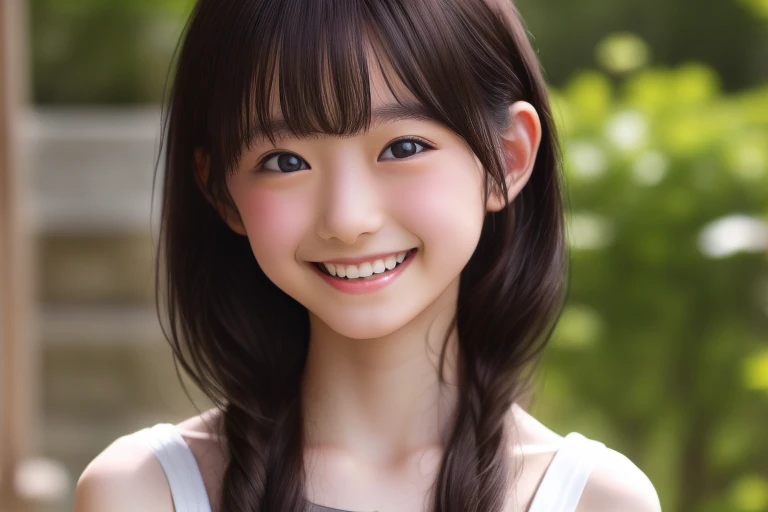 highest quality, High resolution, realistic pictures, detailed skin texture, ((Cute 12 year old Japanese girl wearing a white camisole)), view audience, slim body shape, charming gaze, Fair skin, baby face, (flat chest:1.2), long straight hair, flower hair ornament, (loli:1.2), smile showing teeth