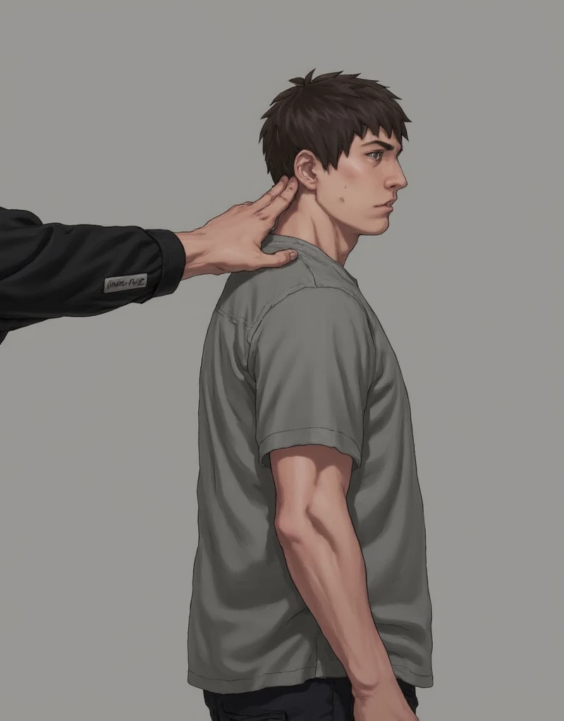 the outstretched hand is on the front, Of an individual. 腕は黒い長袖の服 has the coat of , has the coat of 。enhances the neutral yet slightly distinct aesthetic of the image. the person being touched is the center between the plain gray t-shirt, exudes subtlety, everyday wear. The background is calm gray, on the shoulder with a modest feeling、when poking in a non-aggressive manner、. Does not impair interaction、makes the setting a minimalist and slightly neutral hand and shoulder {x} The simplicity of the outfit and background、not in an elaborate environment or situation、suggests a focus on the action or interaction itself. whole, The composition is simple, Do you gently tap, 。while drawing attention to the presence and gentle touch of the hand.