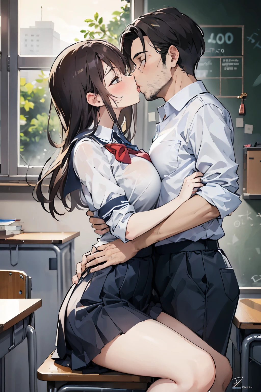 NSFW, (((photographrealistic))), (Shiny skin), (nffsw, in 8K,Wallpaper, High resolution), Perfect Anatomy, Cinematic lighting, Physically-based rendering, Award-winning, highlydetailed skin, extra detailed face, Eyes with beautiful details, Carl Zeiss 85mm F/1.4, (1 man and 1 girl, a couple:1.5), Cute 16 year old Japan schoolgirl, sitting in the chair, (Black hair, Brown eyes, Round face), middlebreasts, Wet school blouse with ribbon, Navy Pleated Skirt Lift, Navy High Socks,Spread legs, Thigh Focus, In the classroom, Blue Hour, (One man is a student, A student is hugging a girl from behind:1.5), student clothes, (Student touching girl's panties:1.5), [Full body shot], Shot from below,Braids、eye glasses、showing off breasts、Lower body naked、Bottomless