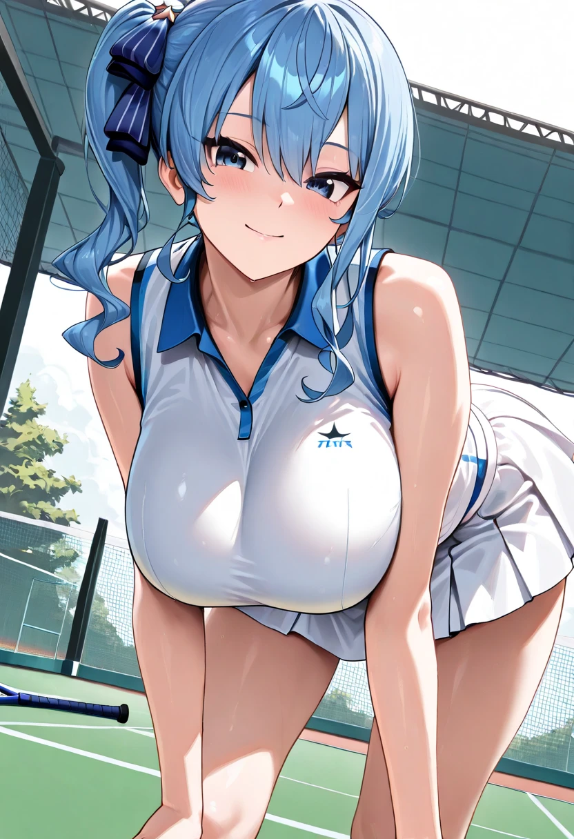 nsfw tennis player, , turquoise hair, yellow eyes, overflowing breasts, mese skirt sitting on stadium stands, legs open showing blue panties, defined boprised look. tsundere, stadium stands tennis racket